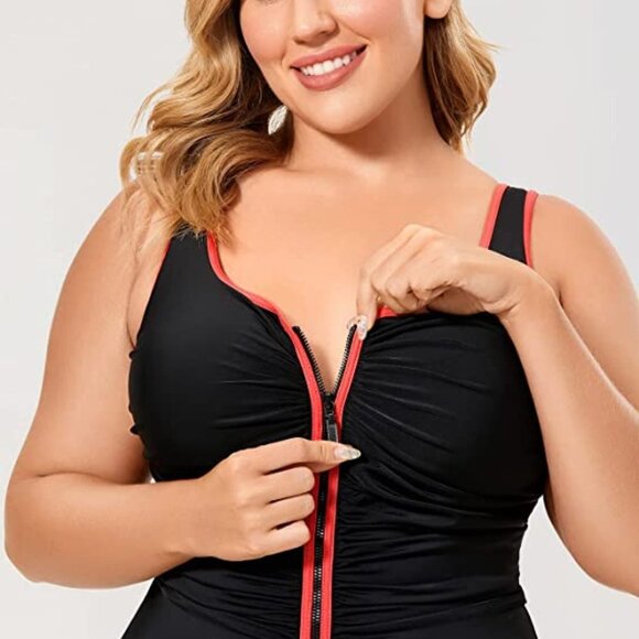 DELIMIRA BLACK & ORANGE RUCHED ZIPPER FRONT ONE PIECE SWIMSUIT SIZE 14 PLUS NWT - Picture 2 of 11